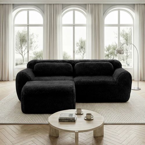 Canapé D’angle Compressé 2 Places, Pouf, Peluche, Noir