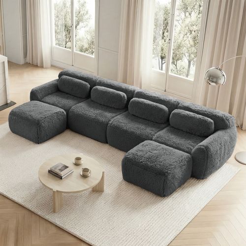 Canapé 4 Places En U, 2 Poufs, Mousse Haute Résilience, Coussins, Sans Montage, Peluche, Gris