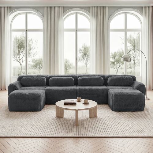 Canapé 4 Places En U, 2 Poufs, Mousse Haute Résilience, Coussins, Sans Montage, Peluche, Gris
