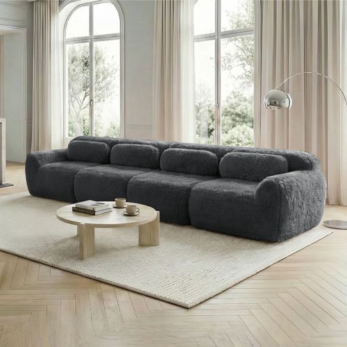 Canapé Droit Moelleuse 4 Places, Mousse Haute Résilience, Sans Montage, Coussins, Peluche, Gris