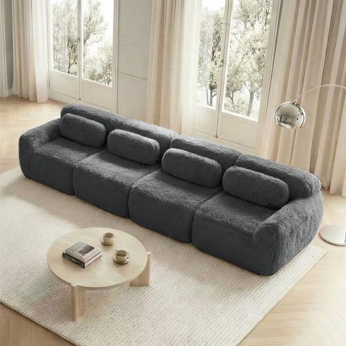 Canapé Droit Moelleuse 4 Places, Mousse Haute Résilience, Sans Montage, Coussins, Peluche, Gris