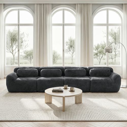 Canapé Droit Moelleuse 4 Places, Mousse Haute Résilience, Sans Montage, Coussins, Peluche, Gris