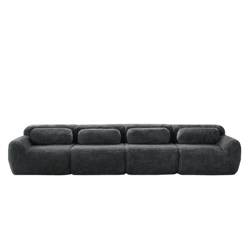 Canapé Droit Moelleuse 4 Places, Mousse Haute Résilience, Sans Montage, Coussins, Peluche, Gris