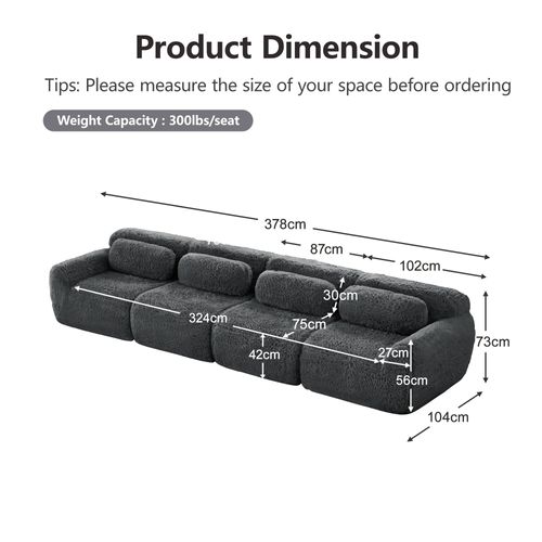 Canapé Droit Moelleuse 4 Places, Mousse Haute Résilience, Sans Montage, Coussins, Peluche, Gris