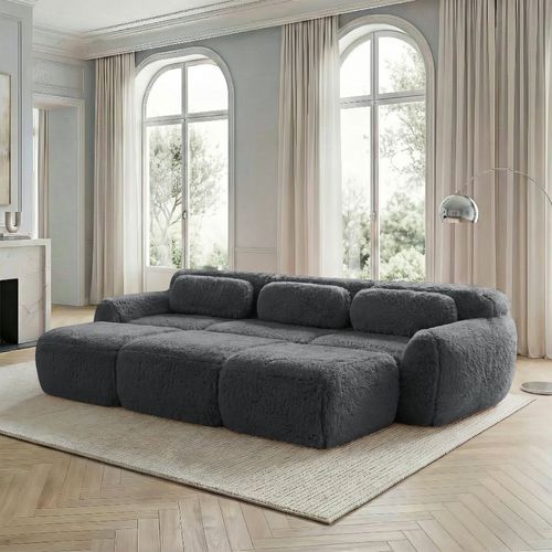 Canapé 3 Places Avec 3 Poufs, Assise Moelleuse, Coussins, Sans Montage, Tissu Peluche, Gris