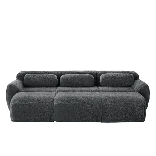 Canapé 3 Places Avec 3 Poufs, Assise Moelleuse, Coussins, Sans Montage, Tissu Peluche, Gris