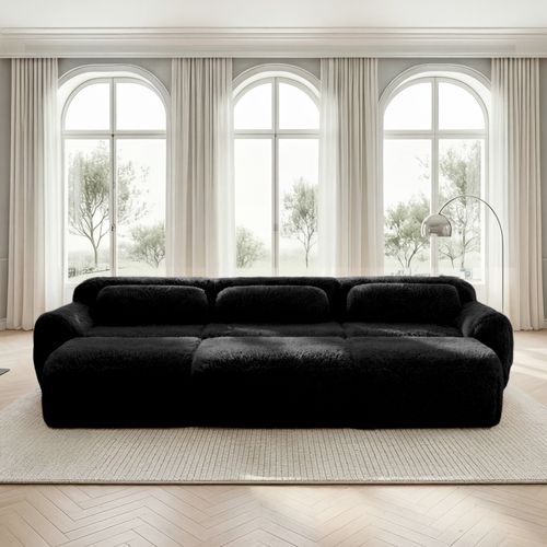 Canapé Compressé 3 Places Avec 3 Poufs, Tissu Peluche, Noir