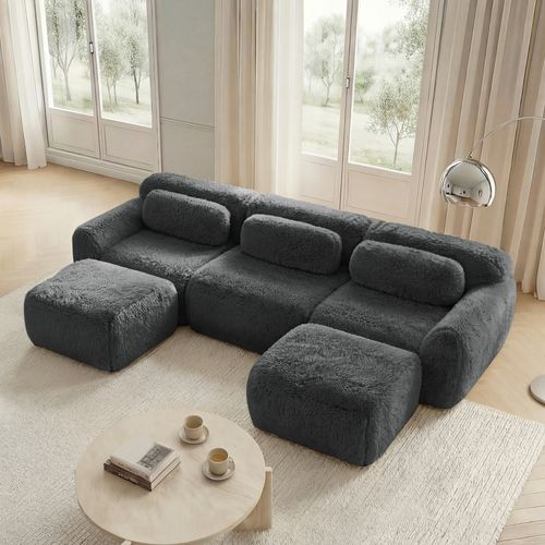 Canapé Modulable 3 Places Avec 2 Poufs, Modulaire En U, Coussins, Sans Montage, Peluche, Gris