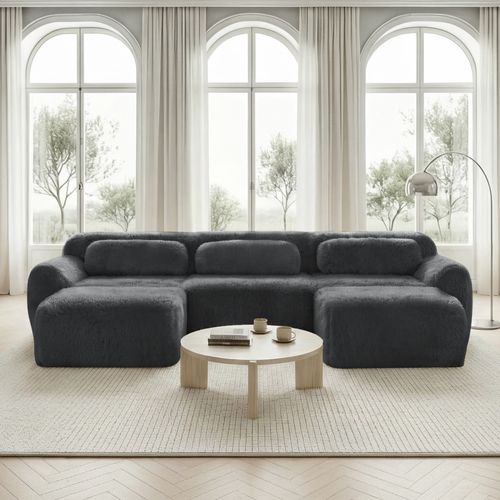 Canapé Modulable 3 Places Avec 2 Poufs, Modulaire En U, Coussins, Sans Montage, Peluche, Gris