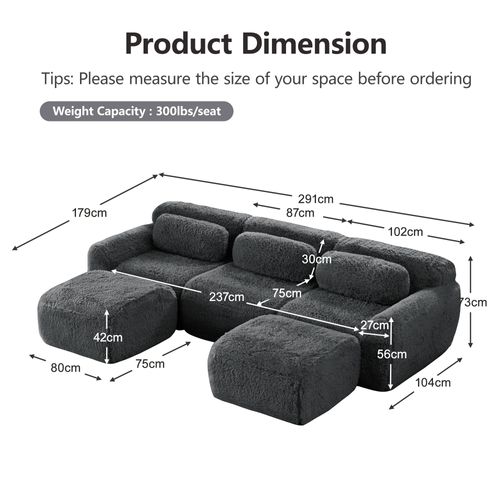 Canapé Modulable 3 Places Avec 2 Poufs, Modulaire En U, Coussins, Sans Montage, Peluche, Gris