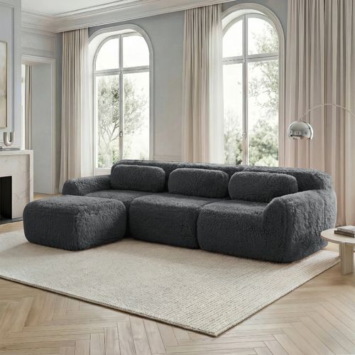 Canapé D’angle 3 Places Avec Pouf, Sans Montage, Assise Moelleuse, Coussins, Tissu Peluche, Gris