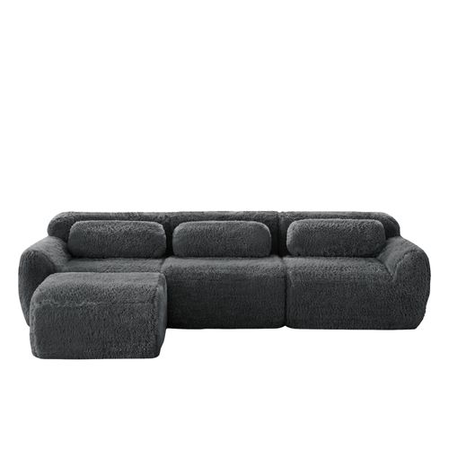 Canapé D’angle 3 Places Avec Pouf, Sans Montage, Assise Moelleuse, Coussins, Tissu Peluche, Gris