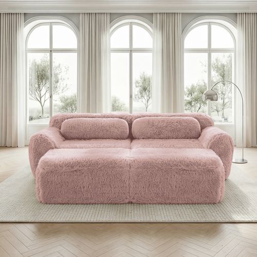 Canapé Compressé 2 Places Avec 2 Poufs, Peluche, Rose