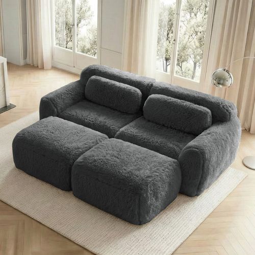 Canapé Compressé 2 Places Avec 2 Poufs, Peluche, Gris