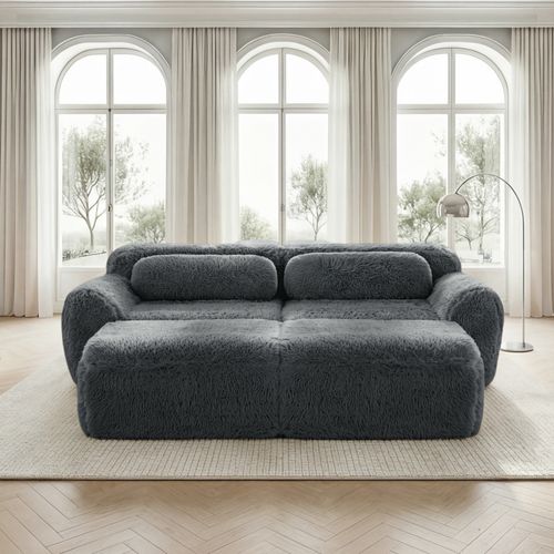 Canapé Compressé 2 Places Avec 2 Poufs, Peluche, Gris