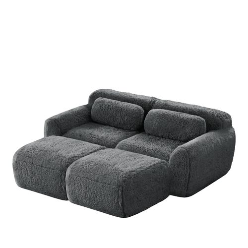 Canapé Compressé 2 Places Avec 2 Poufs, Peluche, Gris