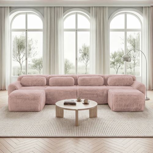 Canapé 4 Places En U, 2 Poufs, Mousse Haute Résilience, Coussins, Sans Montage, Peluche, Rose