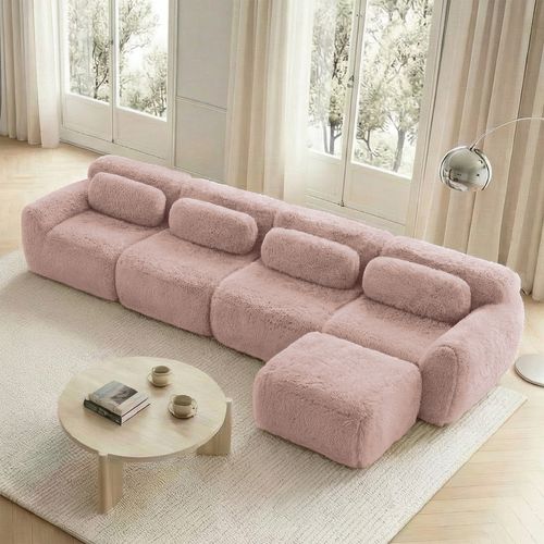 Canapé D’angle 4 Places Avec Pouf, Sans Montage, Mousse Haute Résilience, Coussins, Peluche, Rose