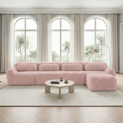 Canapé D’angle 4 Places Avec Pouf, Sans Montage, Mousse Haute Résilience, Coussins, Peluche, Rose