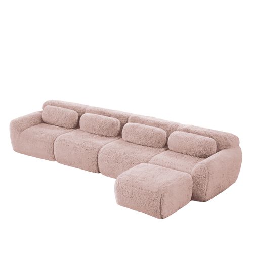 Canapé D’angle 4 Places Avec Pouf, Sans Montage, Mousse Haute Résilience, Coussins, Peluche, Rose