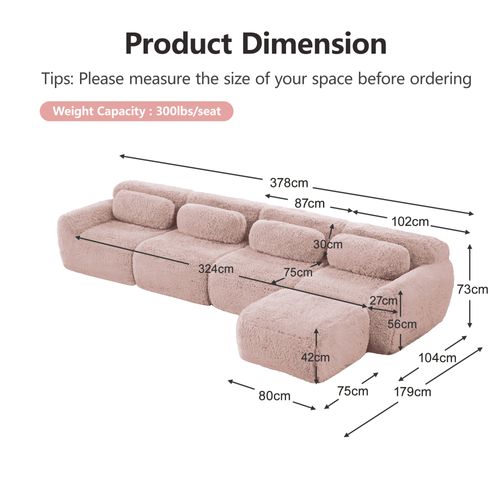 Canapé D’angle 4 Places Avec Pouf, Sans Montage, Mousse Haute Résilience, Coussins, Peluche, Rose