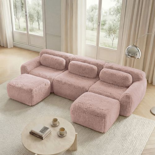 Canapé Modulable 3 Places Avec 2 Poufs, Modulaire En U, Coussins, Sans Montage, Peluche, Rose