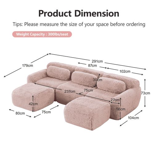 Canapé Modulable 3 Places Avec 2 Poufs, Modulaire En U, Coussins, Sans Montage, Peluche, Rose