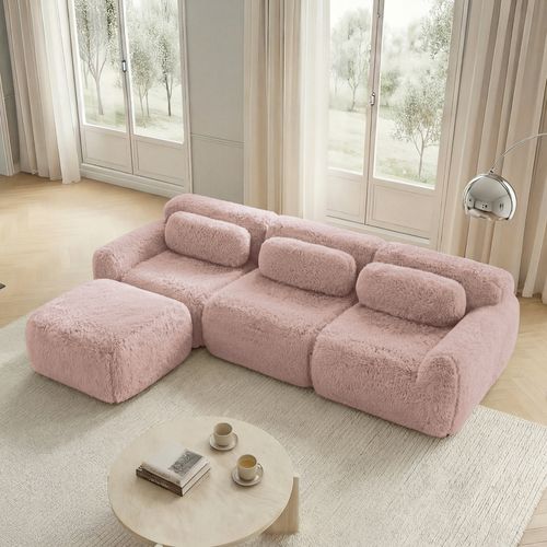 Canapé D’angle 3 Places Avec Pouf, Sans Montage, Assise Moelleuse, Coussins, Tissu Peluche, Rose