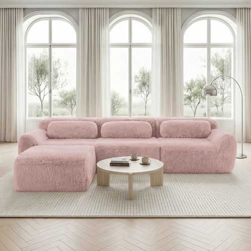 Canapé D’angle 3 Places Avec Pouf, Sans Montage, Assise Moelleuse, Coussins, Tissu Peluche, Rose