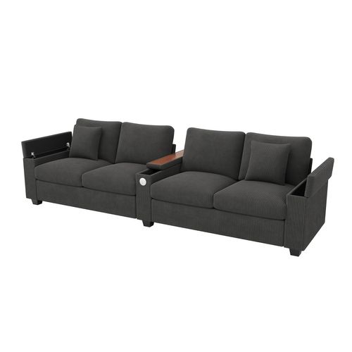 Canapé Droit 4 Places Moderne Avec Console Centrale Et Ports USB, Velours Côtelé, Gris