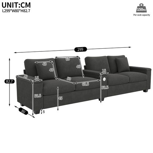 Canapé Droit 4 Places Moderne Avec Console Centrale Et Ports USB, Velours Côtelé, Gris