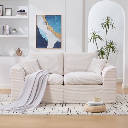 Canapé Droit 2 Places Avec Coussins, Assise Mousse Et Ressorts, Velours Côtelé, Beige