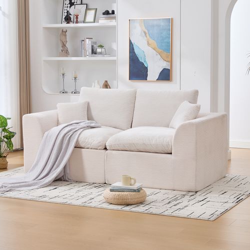 Canapé Droit 2 Places Avec Coussins, Assise Mousse Et Ressorts, Velours Côtelé, Beige