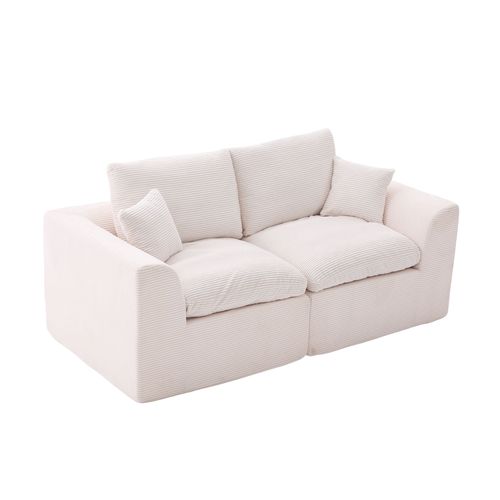 Canapé Droit 2 Places Avec Coussins, Assise Mousse Et Ressorts, Velours Côtelé, Beige