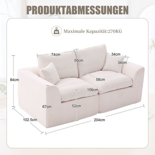 Canapé Droit 2 Places Avec Coussins, Assise Mousse Et Ressorts, Velours Côtelé, Beige