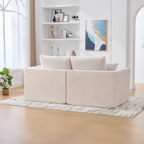 Canapé Droit 2 Places Avec Coussins, Assise Mousse Et Ressorts, Velours Côtelé, Beige