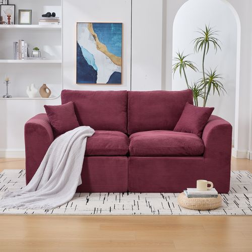Canapé Droit 2 Places Avec Coussins, Assise Mousse Et Ressorts, Velours Côtelé, Bordeaux