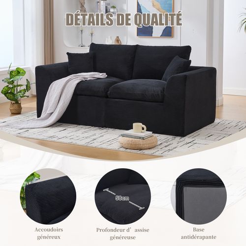 Canapé Droit 2 Places Avec Coussins, Assise Mousse Et Ressorts, Velours Côtelé, Noir