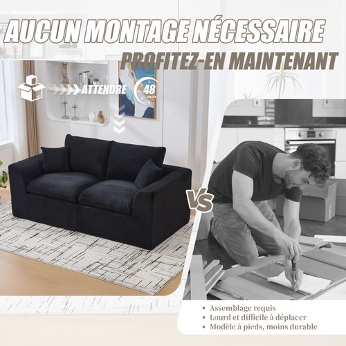 Canapé Droit 2 Places Avec Coussins, Assise Mousse Et Ressorts, Velours Côtelé, Noir