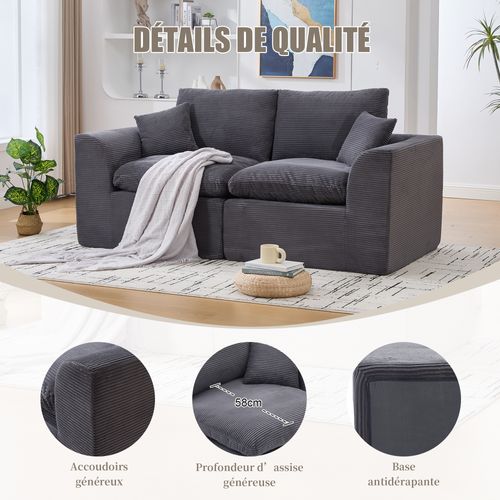 Canapé Droit 2 Places Avec Coussins, Assise Mousse Et Ressorts, Velours Côtelé, Gris Foncé