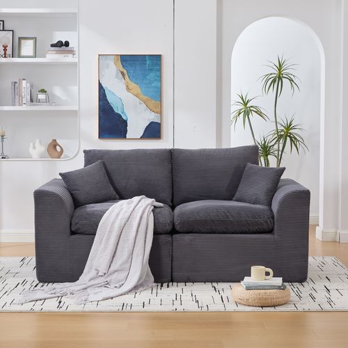 Canapé Droit 2 Places Avec Coussins, Assise Mousse Et Ressorts, Velours Côtelé, Gris Foncé