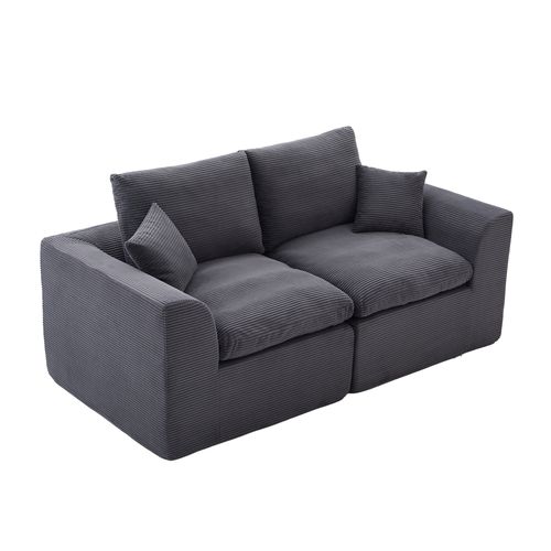 Canapé Droit 2 Places Avec Coussins, Assise Mousse Et Ressorts, Velours Côtelé, Gris Foncé