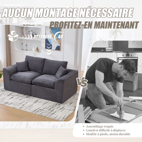 Canapé Droit 2 Places Avec Coussins, Assise Mousse Et Ressorts, Velours Côtelé, Gris Foncé