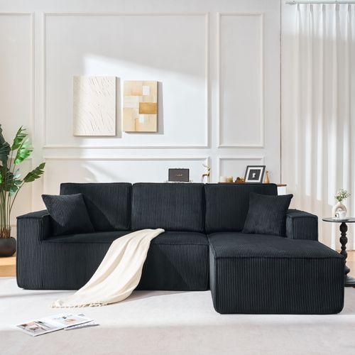 Canapé D’angle 3 Places, Méridienne, Mousse Haute Densité, Velours Côtelé, Noir