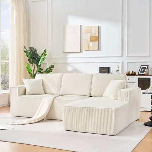 Canapé D’angle 3 Places, Méridienne , Mousse Haute Densité, Velours Côtelé, Beige