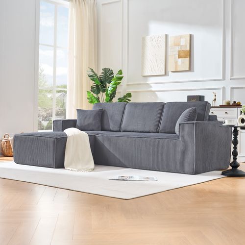 Canapé D’angle 3 Places Avec Méridienne, Mousse Haute Densité, Velours Côtelé, Gris