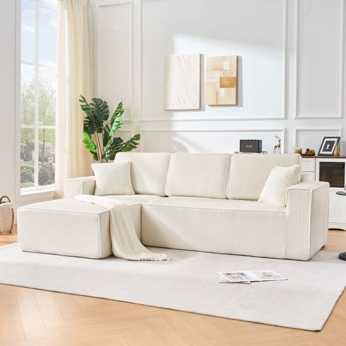 Canapé D’angle 3 Places Avec Méridienne, Mousse Haute Densité, Velours Côtelé, Beige