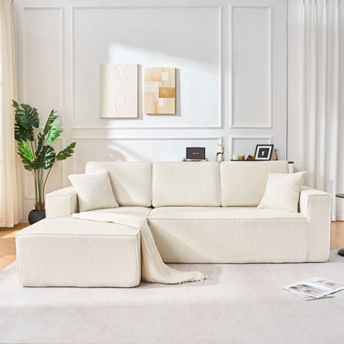 Canapé D’angle 3 Places Avec Méridienne, Mousse Haute Densité, Velours Côtelé, Beige