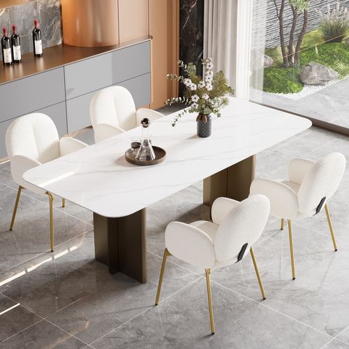 Chaise De Salle à Manger Lot De 4, Assise Confortable, Pieds Métal Doré, Tissu Teddy Beige