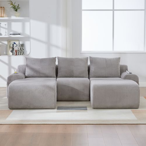 Canapé Modulable 3 Places Avec 2 Poufs, Porte-gobelet Et Poche Latérale, Velours Côtelé Gris Clair